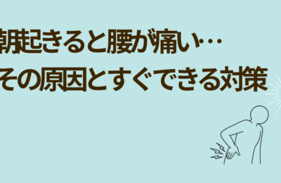朝起きたときに腰が痛む原因と対策を解説する記事のアイキャッチ画像。腰を押さえる人物のピクトグラムが描かれている。